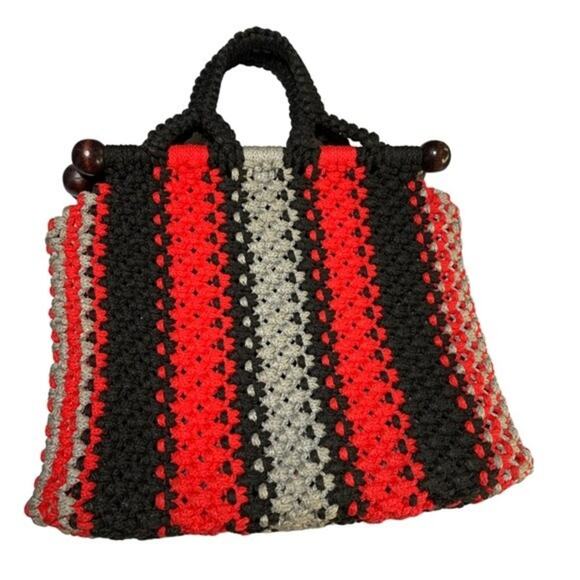 Source Unknown Handbags - Crochet Red Black Gray Purse Handbag with Dark Wood Embellishments. Handmade